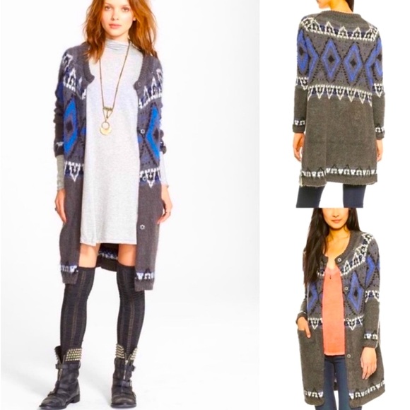 Free People Fair Isle Med Gray Longline Button Cardi Mohair Wool Pocket Coatigan - Picture 6 of 9